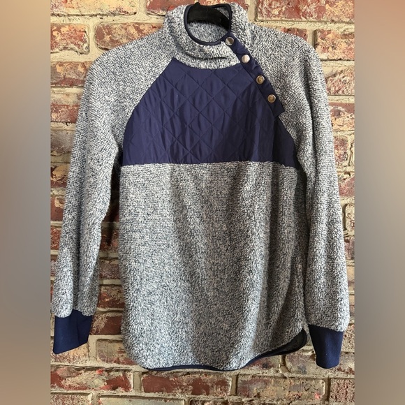 None Sweaters - Women’s Sherpa Fleece Pullover w/ Quilted Navy Panel & Snap Neck